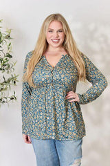 Heimish Full Size Floral Half Button Long Sleeve Blouse - Trendsi