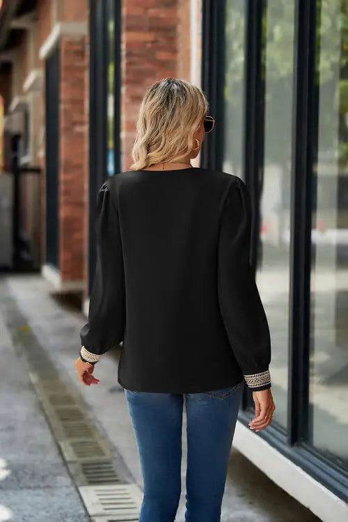 V-Neck Lace Detail Long Sleeve Top - Trendsi - Flyclothing LLC