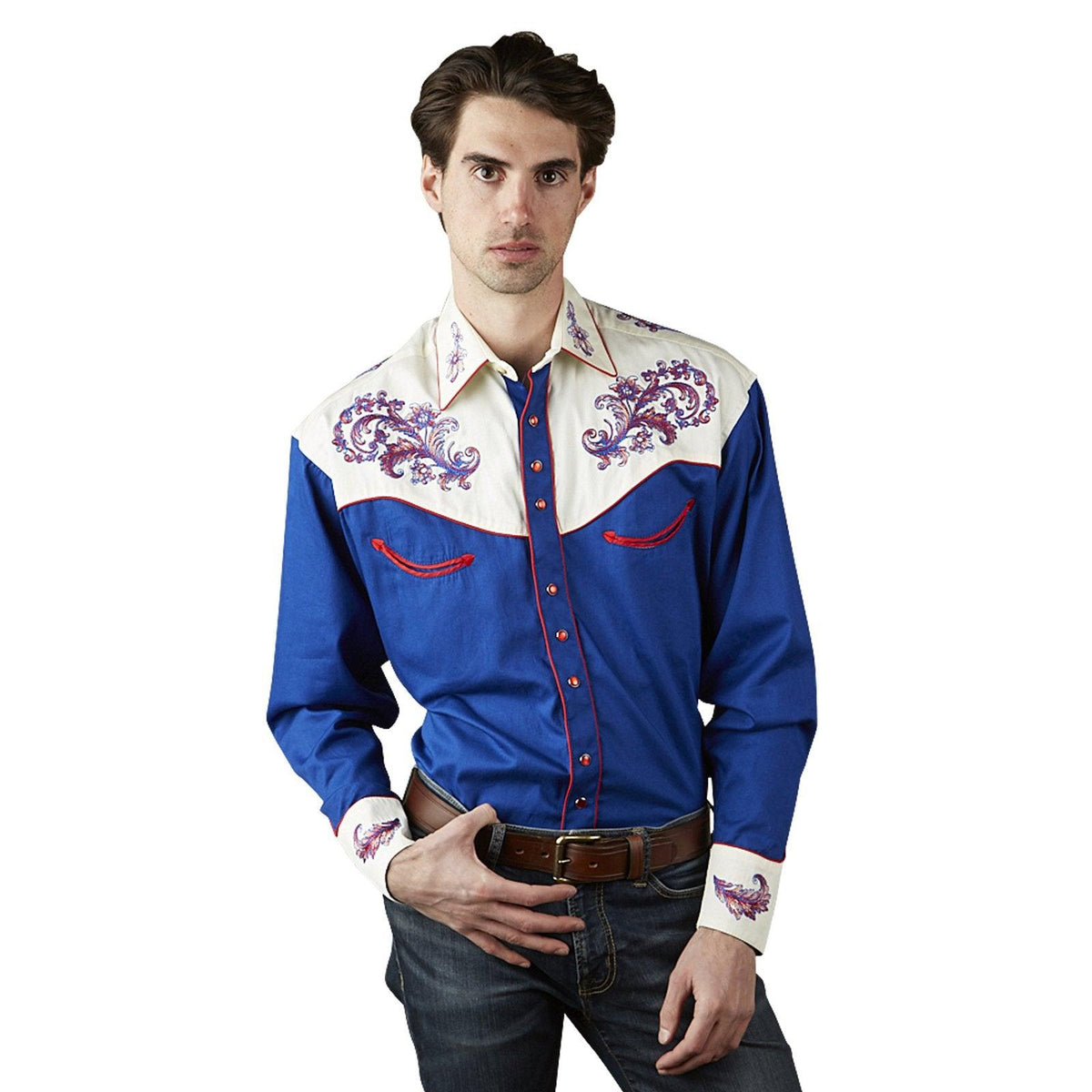 Men’s Vintage 2-Tone Royal Blue & White Western Shirt with Floral Embroidery - Flyclothing LLC