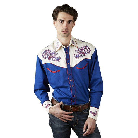 Men’s Vintage 2-Tone Royal Blue & White Western Shirt with Floral Embroidery - Rockmount Clothing - Flyclothing LLC