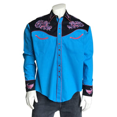 Men’s Vintage 2-Tone Turquoise & Black Western Shirt with Floral Embroidery - Flyclothing LLC