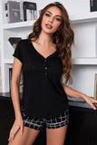 Short Sleeve Henley Top and Grid Shorts Lounge Set - Trendsi