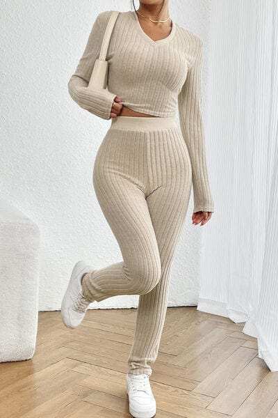 Ribbed V-Neck Long Sleeve Cropped Top and Pants Set - Trendsi - Flyclothing LLC