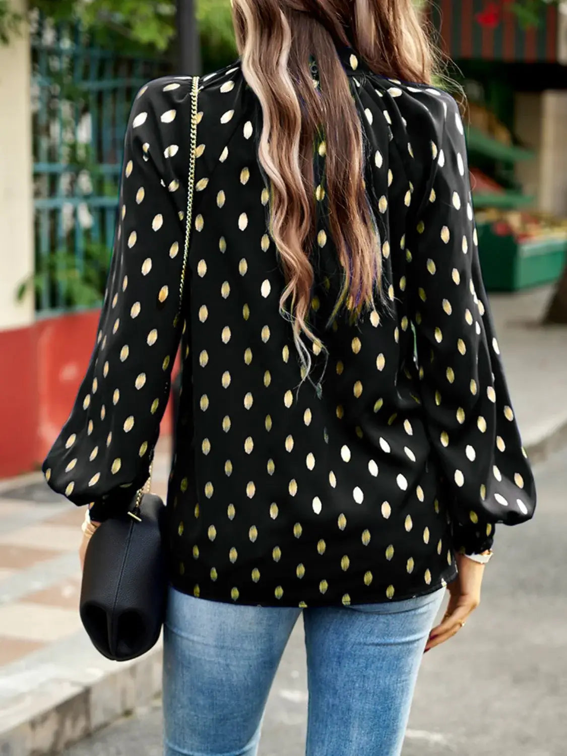 Mock Neck Cutout Lantern Sleeve Blouse - Trendsi - Flyclothing LLC