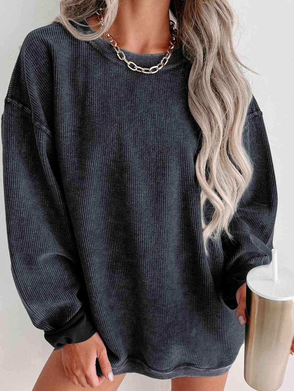 Round Neck Dropped Shoulder Sweatshirt - Trendsi - Flyclothing LLC