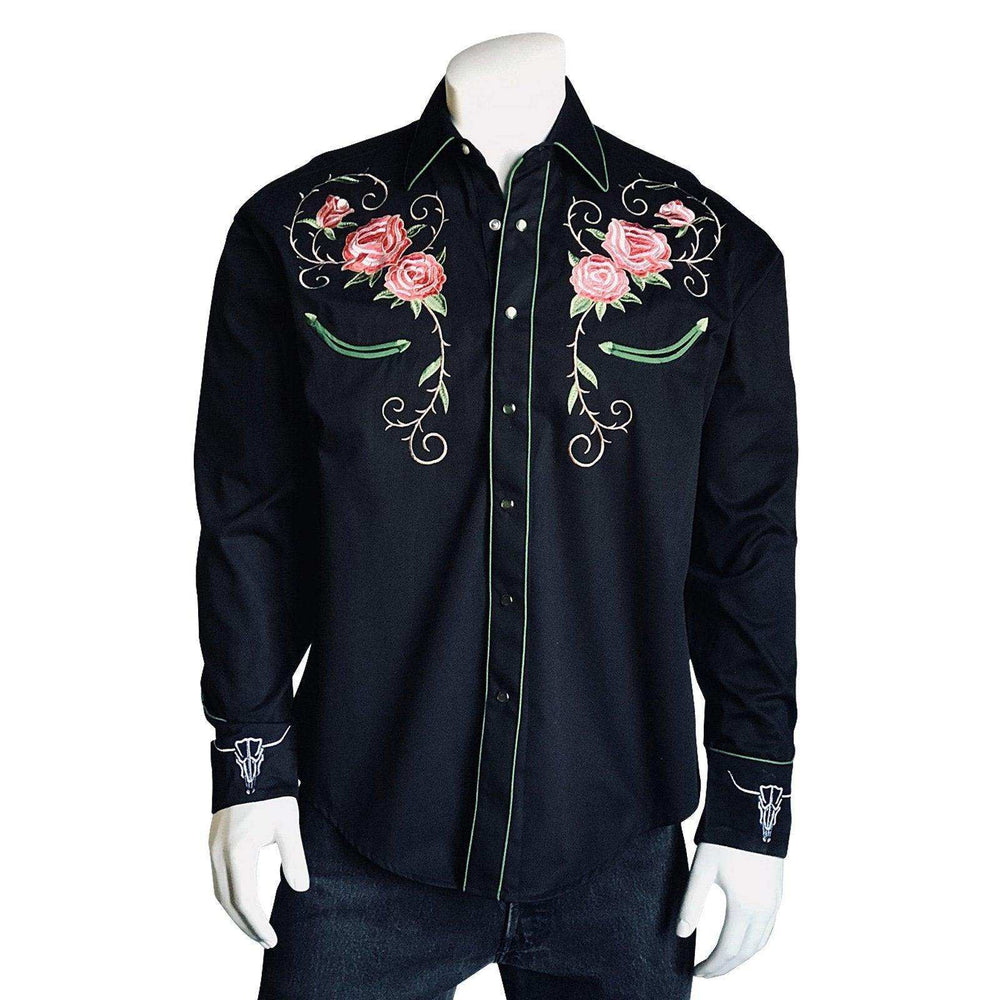 Men’s Steer Skull & Roses Embroidery Western Shirt in Black - Rockmount Clothing - Flyclothing LLC