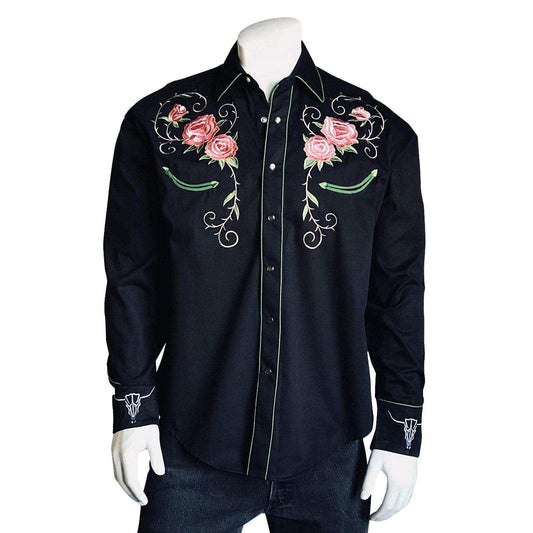 Men’s Steer Skull & Roses Embroidery Western Shirt in Black - Rockmount Clothing - Flyclothing LLC