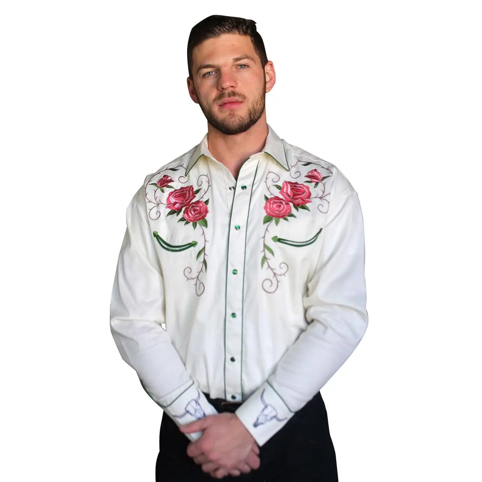 Rockmount Ranch Wear Mens Ivory Steer Skull & Floral Embroidery Western Shirt - Rockmount Clothing - Flyclothing LLC