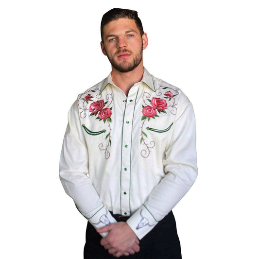 Men’s Steer Skull & Roses Embroidery Western Shirt in Ivory - Rockmount Clothing - Flyclothing LLC