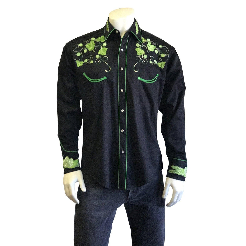 Men's Vintage Beer Hops Embroidered Western Shirt in Black - Rockmount Clothing