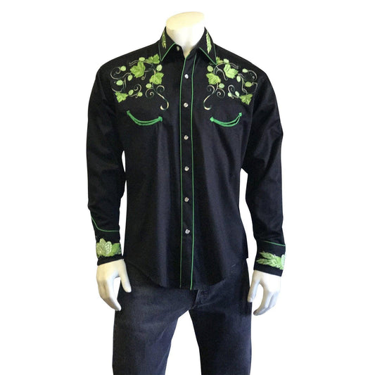 Men's Vintage Beer Hops Embroidered Western Shirt in Black - Rockmount Clothing