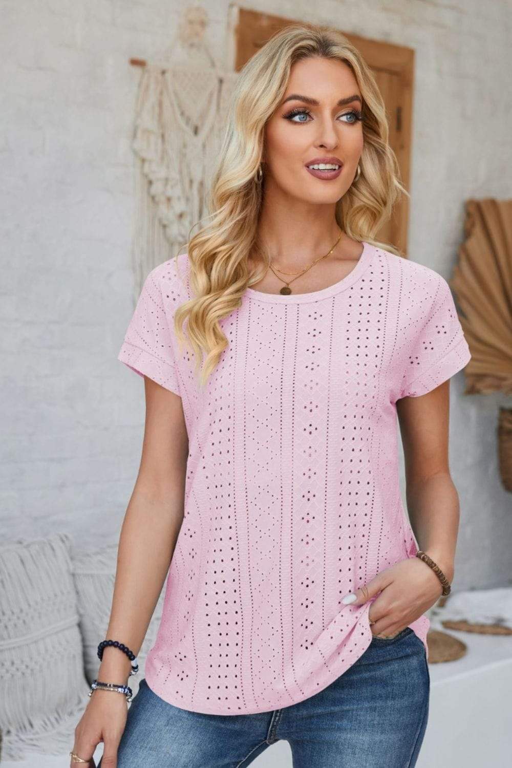 Eyelet Round Neck Rolled Short Sleeve T-Shirt - Trendsi - Flyclothing LLC