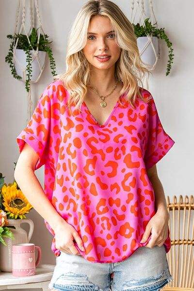 First Love Leopard V-Neck Short Sleeve Woven Top - Trendsi - Flyclothing LLC