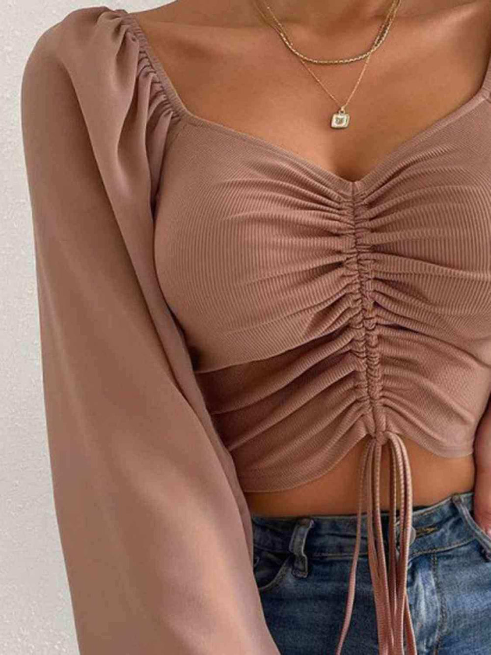 Drawstring Sweetheart Neck Cropped Top - Trendsi - Flyclothing LLC