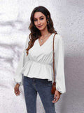 V-Neck Balloon Sleeve Peplum Blouse - Trendsi - Flyclothing LLC
