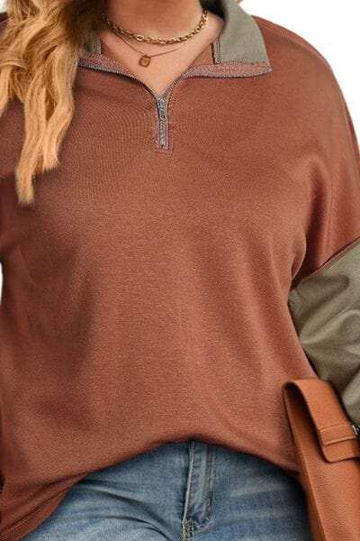 Plus Size Exposed Seam Color Block Quarter Zip Sweatshirt - Trendsi - Flyclothing LLC