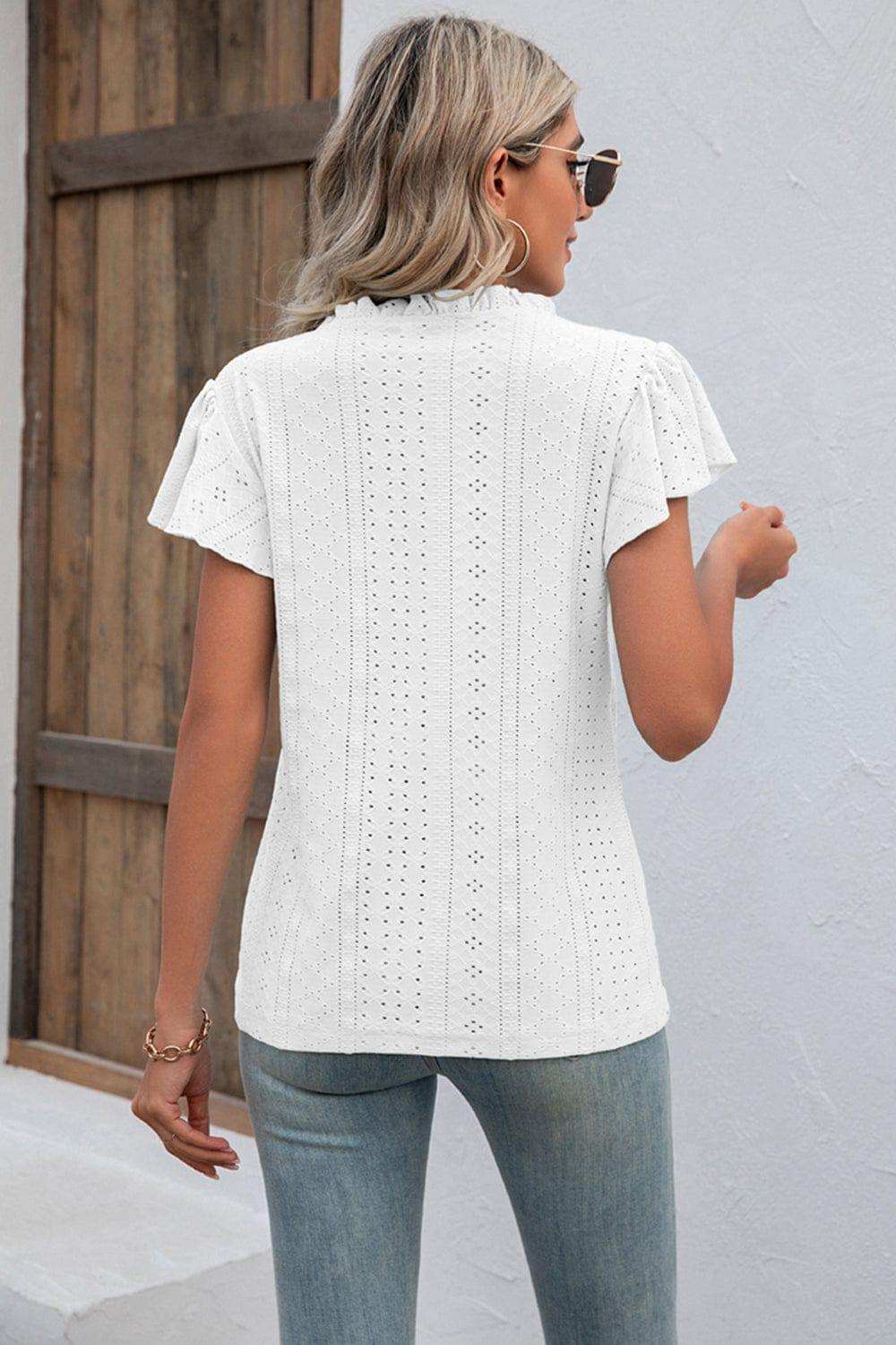 Eyelet Notched Neck Flutter Sleeve Top - Trendsi - Flyclothing LLC