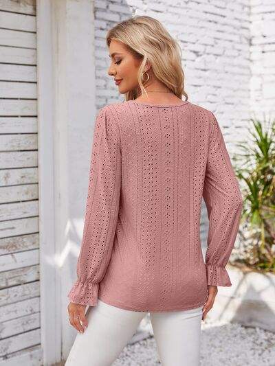 Applique V-Neck Flounce Sleeve T-Shirt - Trendsi - Flyclothing LLC