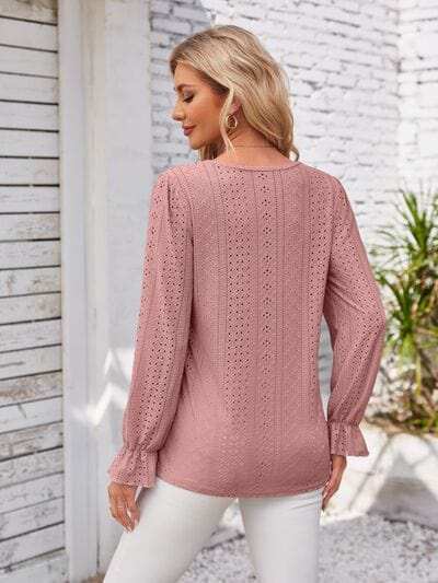 Applique V-Neck Flounce Sleeve T-Shirt - Trendsi - Flyclothing LLC