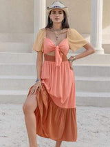 Color Block Tie Front Smocked Midi Dress - Trendsi - Flyclothing LLC