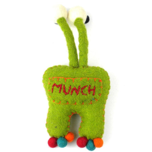 Hand Felted Green Tooth Monster with Bug Eyes - Global Groove - Global Groove