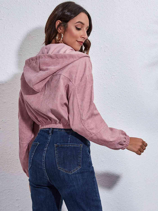 Drawstring Hooded Zip Up Jacket with Pockets - Trendsi