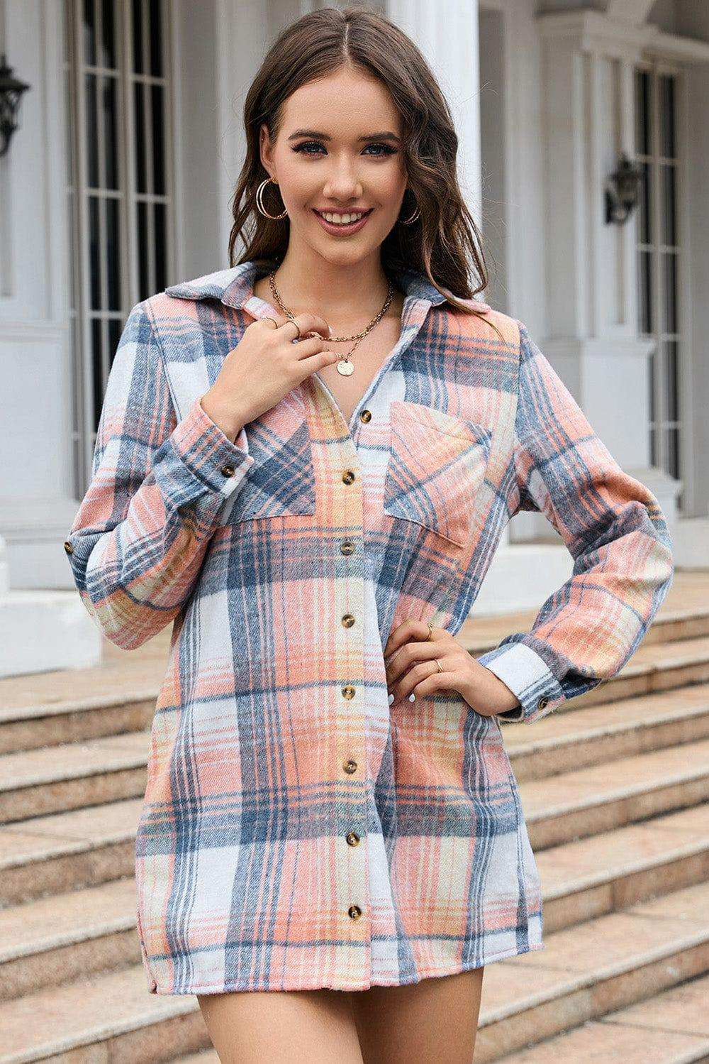 Collared Neck Long Sleeve Plaid Pocketed Shirt - Trendsi - Flyclothing LLC