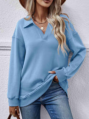 Collared Neck Dropped Shoulder Sweatshirt - Trendsi