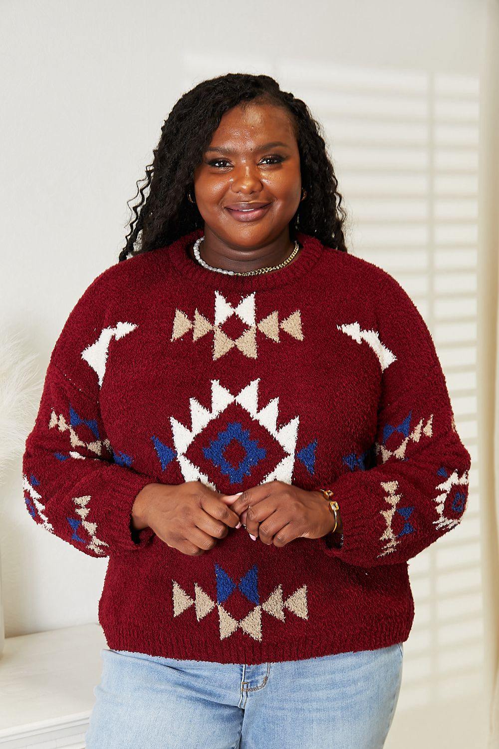 HEYSON Full Size Aztec Soft Fuzzy Sweater - Trendsi