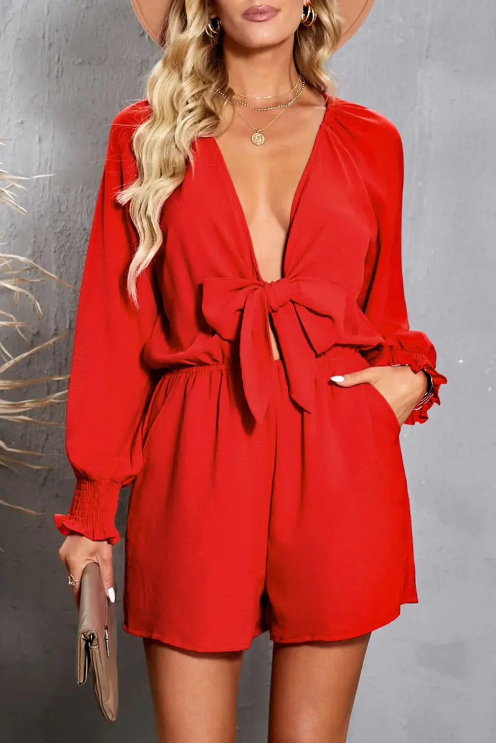 Tied Flounce Sleeve Plunge Romper - Trendsi - Flyclothing LLC