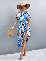 Round Neck Short Sleeve Tie Waist Midi Dress - Trendsi - Flyclothing LLC
