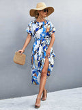 Round Neck Short Sleeve Tie Waist Midi Dress - Trendsi - Flyclothing LLC