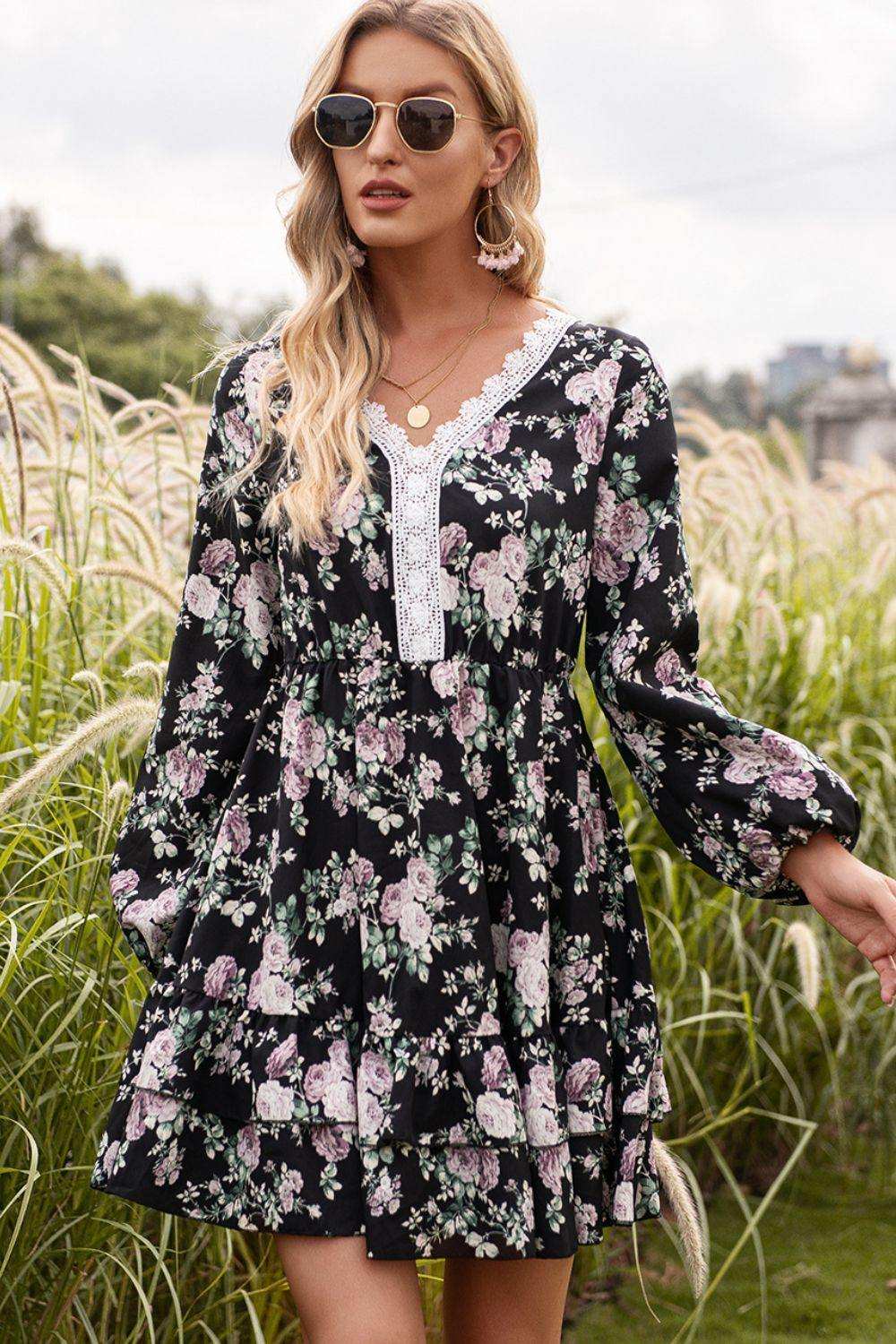 Floral Lace Trim Long Sleeve Dress - Trendsi - Flyclothing LLC