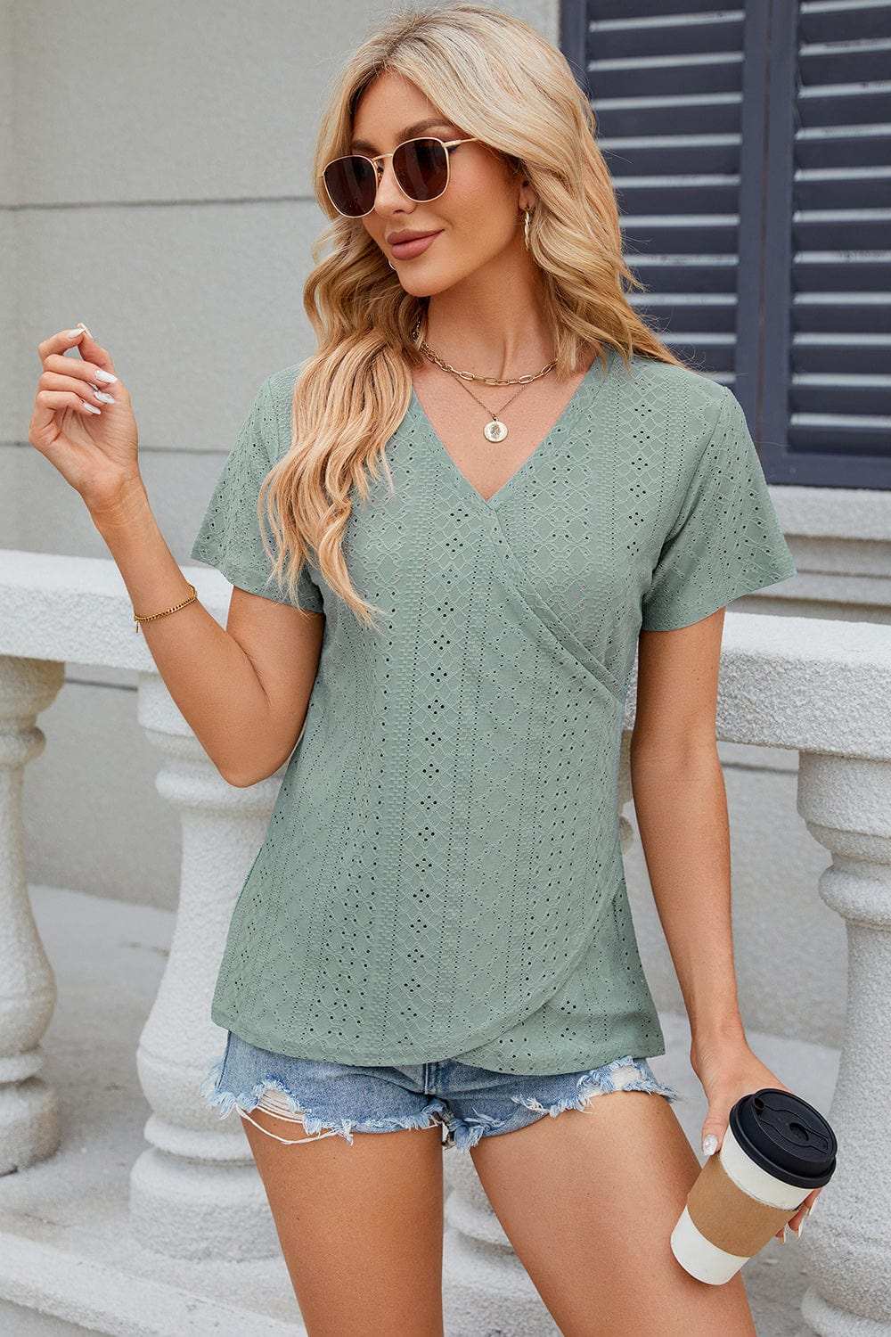 Eyelet Surplice Short Sleeve T-Shirt - Trendsi - Flyclothing LLC