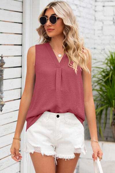 Texture V-Neck Sleeveless Top - Trendsi - Flyclothing LLC