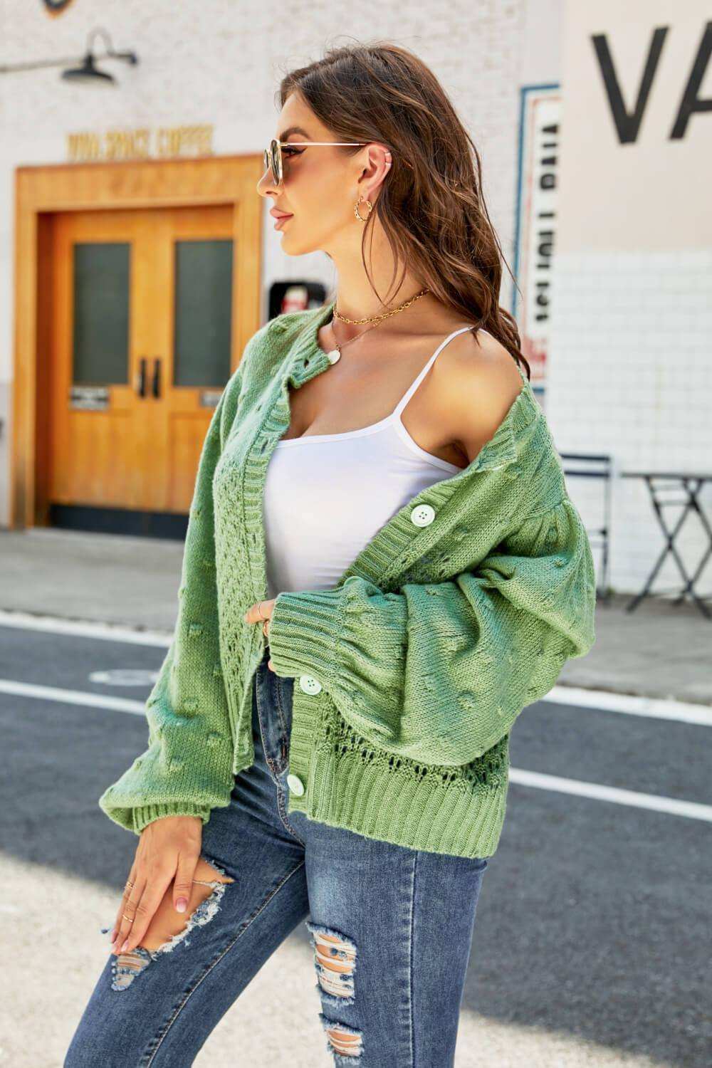 Openwork Pompom Puff Sleeve Cardigan - Trendsi - Flyclothing LLC