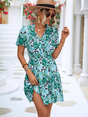 Floral Tie Neck Puff Sleeve Tiered Dress - Flyclothing LLC