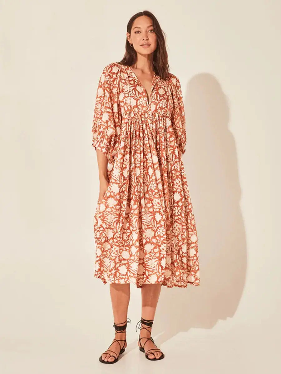 Floral Tie Neck Lantern Sleeve Dress - Trendsi - Flyclothing LLC