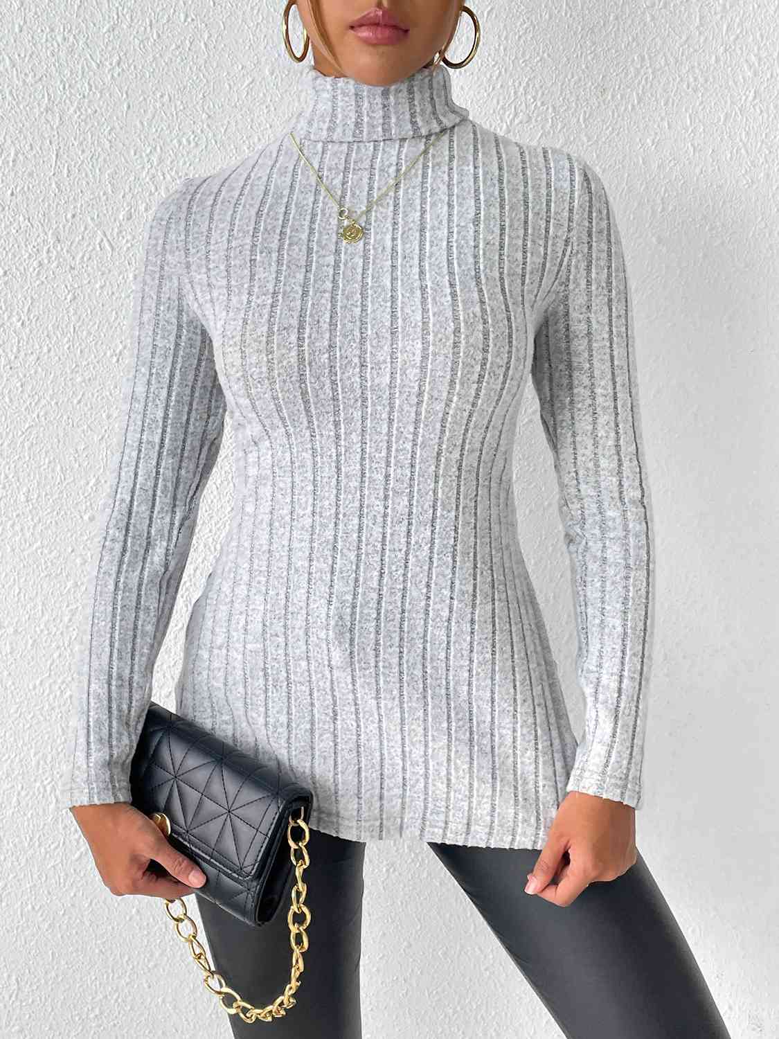 Ribbed Turtleneck Long Sleeve Slit T-Shirt - Trendsi - Flyclothing LLC
