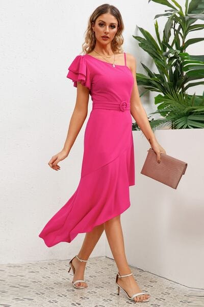 Ruffled Asymmetrical Neck Flutter Sleeve Dress - Trendsi