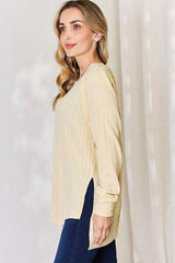 Basic Bae Full Size Ribbed Round Neck Slit T-Shirt - Trendsi - Flyclothing LLC