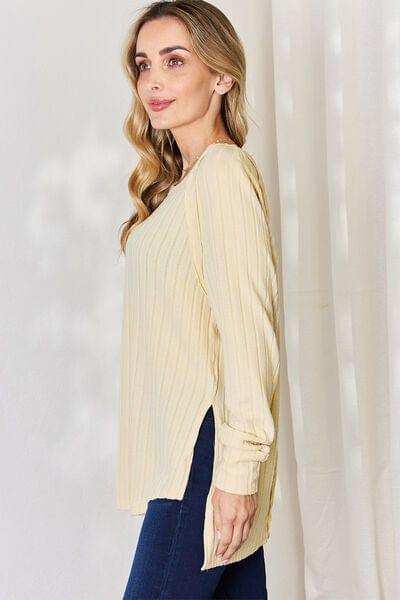 Basic Bae Full Size Ribbed Round Neck Slit T-Shirt - Trendsi - Flyclothing LLC