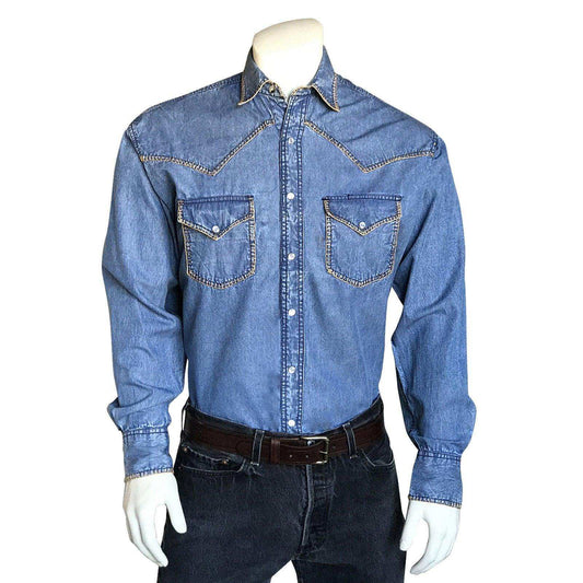 Men's Stonewashed Denim Blanket Stitch Western Shirt - Rockmount Clothing - Flyclothing LLC