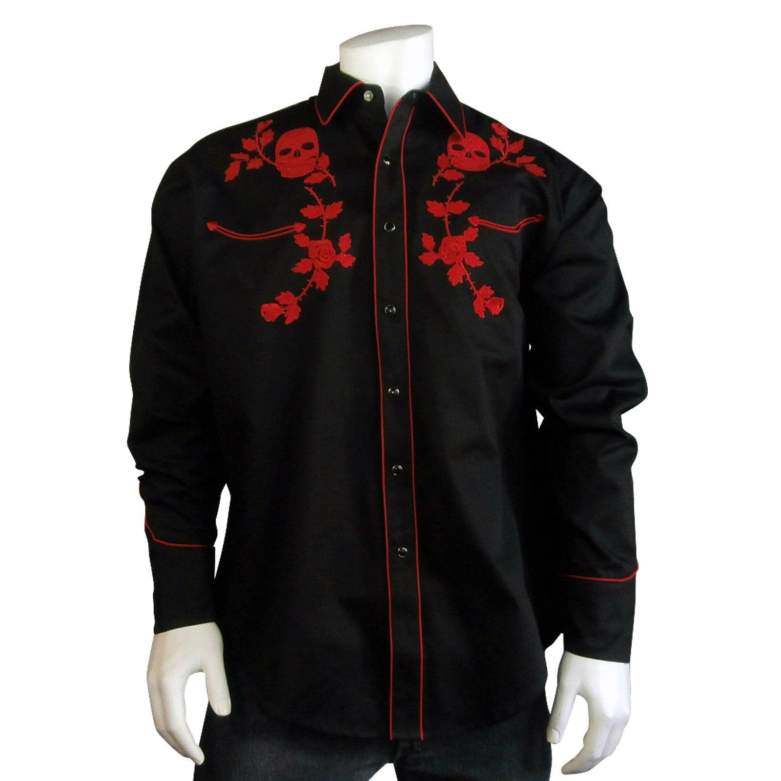 Men’s Vintage Skull & Roses Chain Stitch Embroidery Western Shirt - Flyclothing LLC