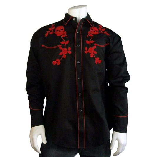 Men’s Vintage Skull & Roses Chain Stitch Embroidery Western Shirt - Rockmount Clothing - Flyclothing LLC