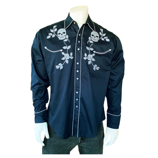 Rockmount Clothing Mens Vintage Navy Skull & Roses Chain Stitch Embroidery Western Shirt
