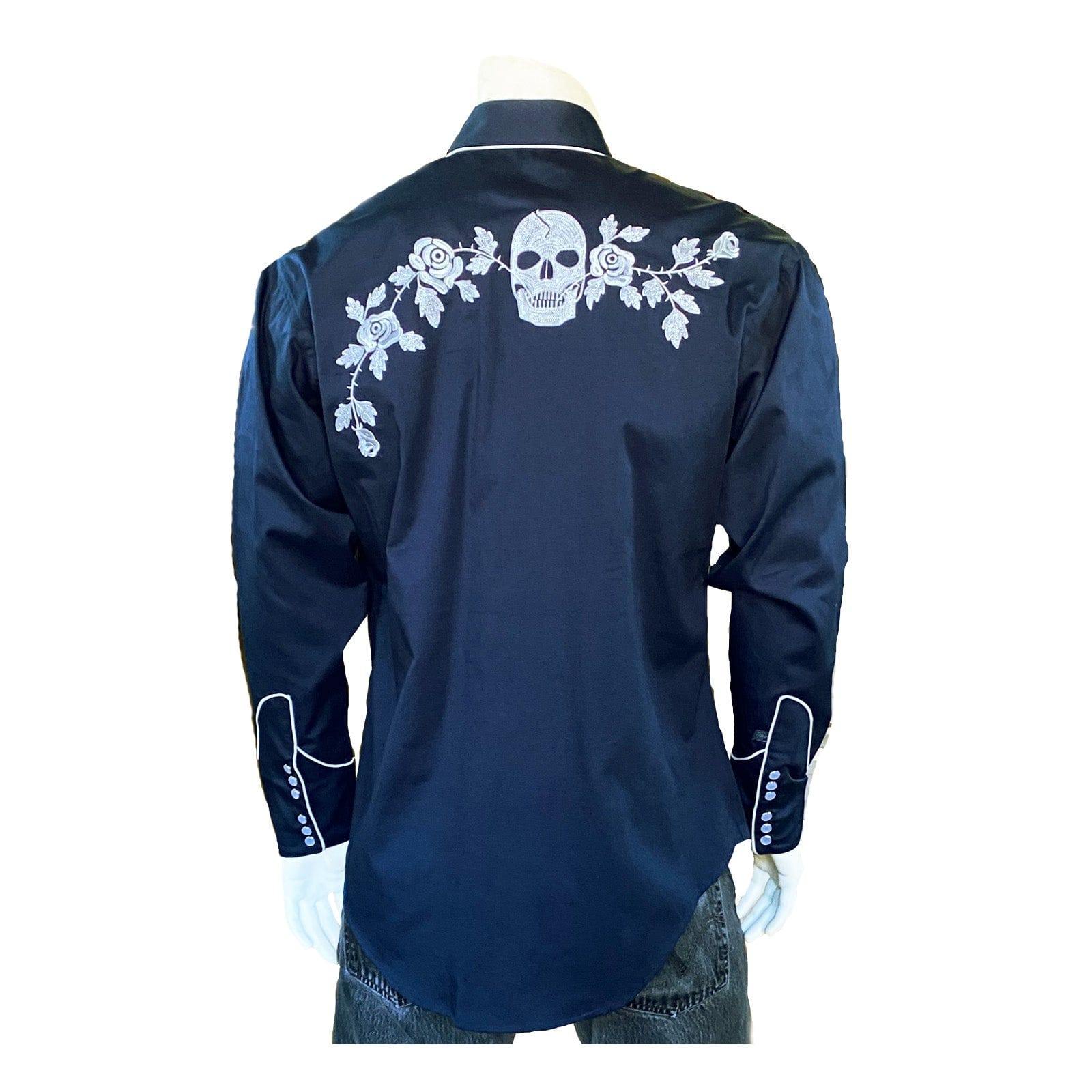 Rockmount Clothing Mens Vintage Navy Skull & Roses Chain Stitch Embroidery Western Shirt