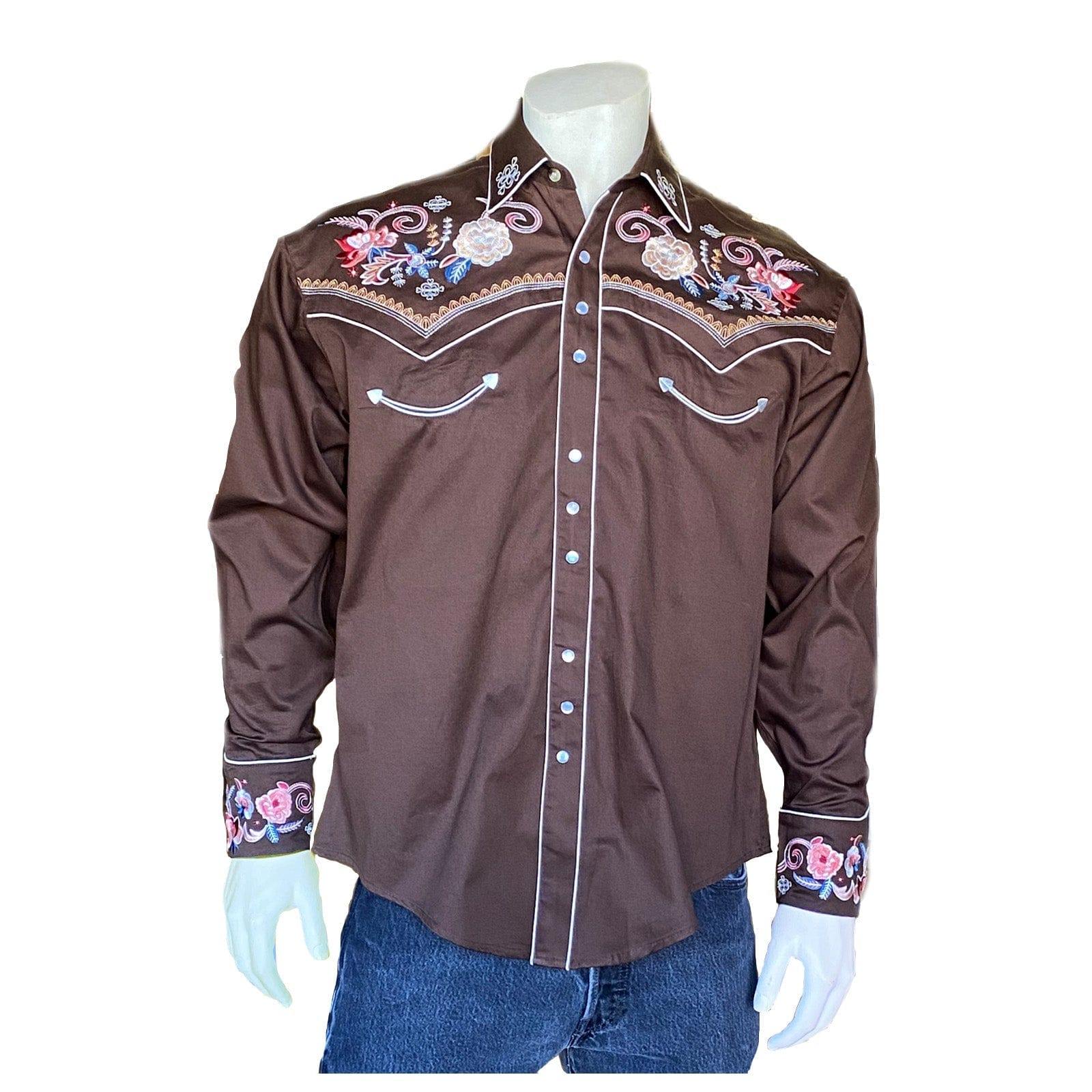 Rockmount Clothing Men's Vintage Brown Pastel Floral Embroidery Western Shirt