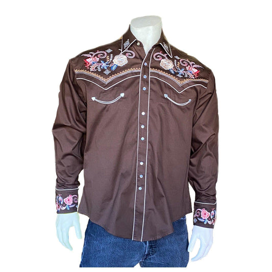 Rockmount Clothing Men's Vintage Brown Pastel Floral Embroidery Western Shirt - Rockmount Clothing