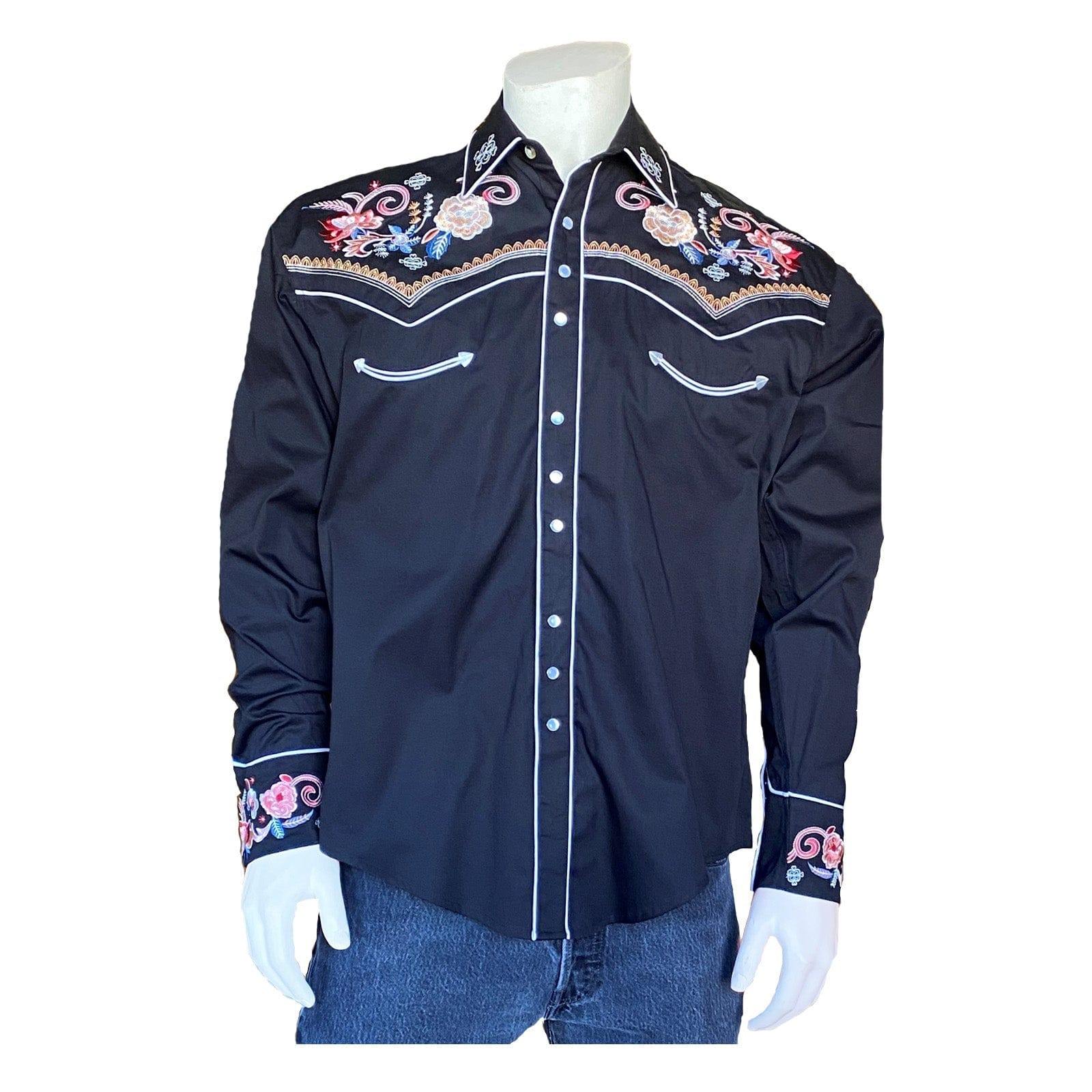 Rockmount Clothing Men's Vintage Black Pastel Floral Embroidery Western Shirt